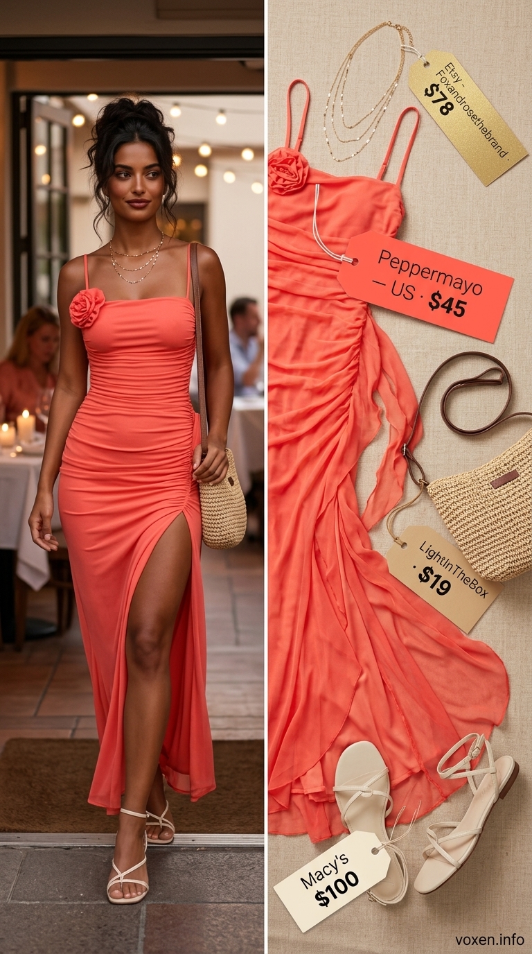 Coral floral maxi dress with straw bag and gold jewelry for date night dinner outfits summer for women 2026.