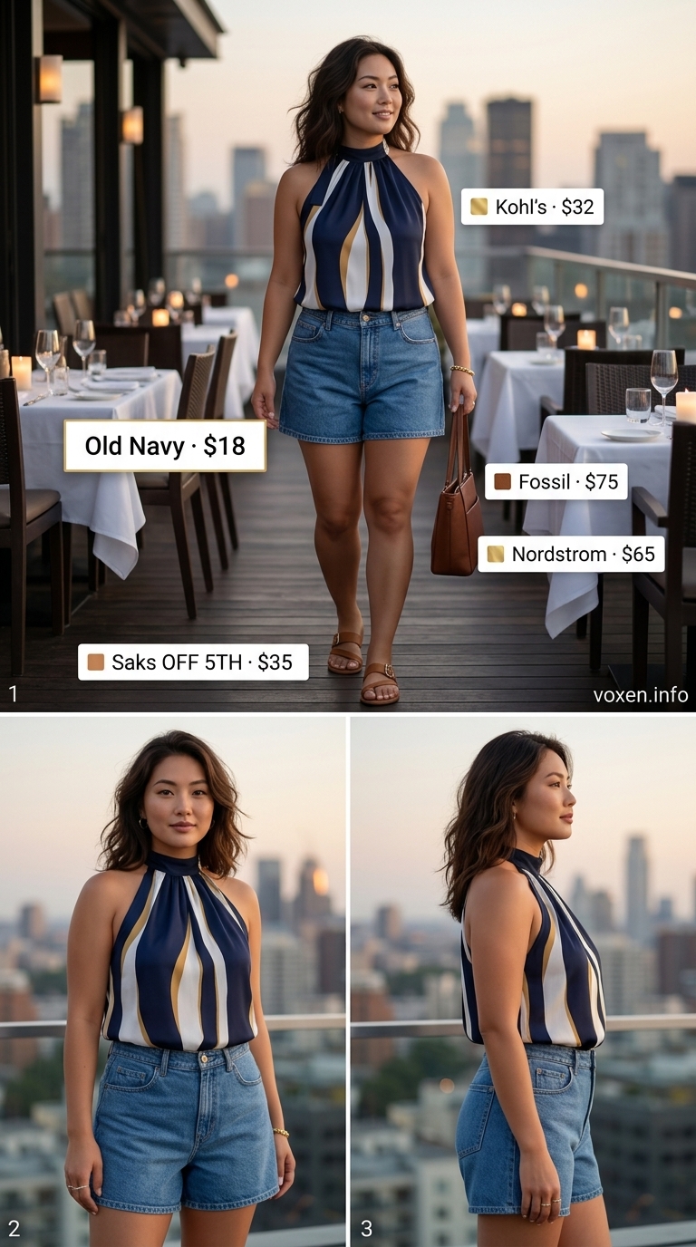 Denim shorts with oversized white shirt and leather sandals for casual date night dinner outfits summer for women 2026.