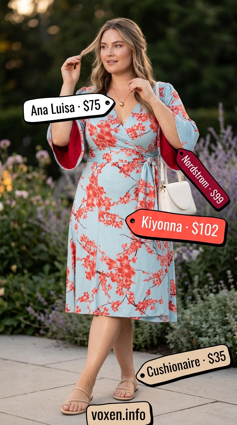 Pastel floral midi wrap dress with gold necklace for date night dinner outfits summer for women 2026.