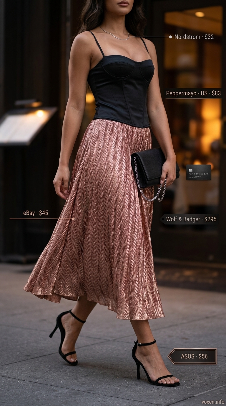 Rose gold metallic midi skirt with black corset top for date night dinner outfits summer for women 2026.
