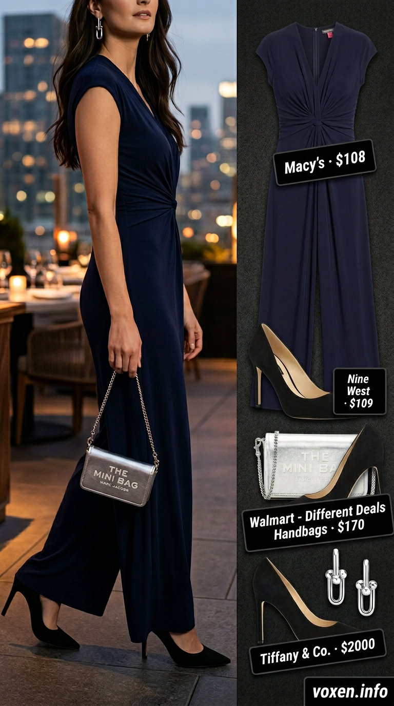 Navy wide-leg jumpsuit with silver earrings and metallic bag for date night dinner outfits summer for women 2026.