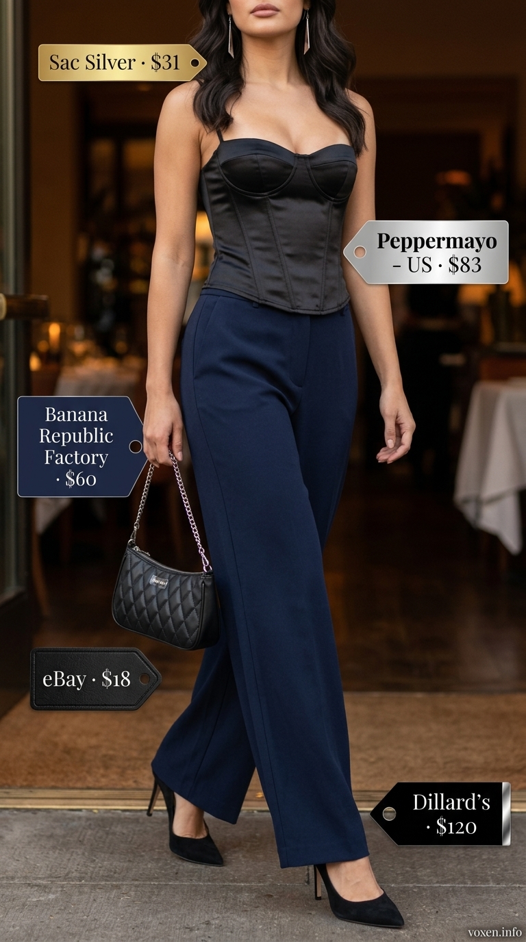 Navy wide-leg trousers with black corset top for date night dinner outfits summer for women 2026.