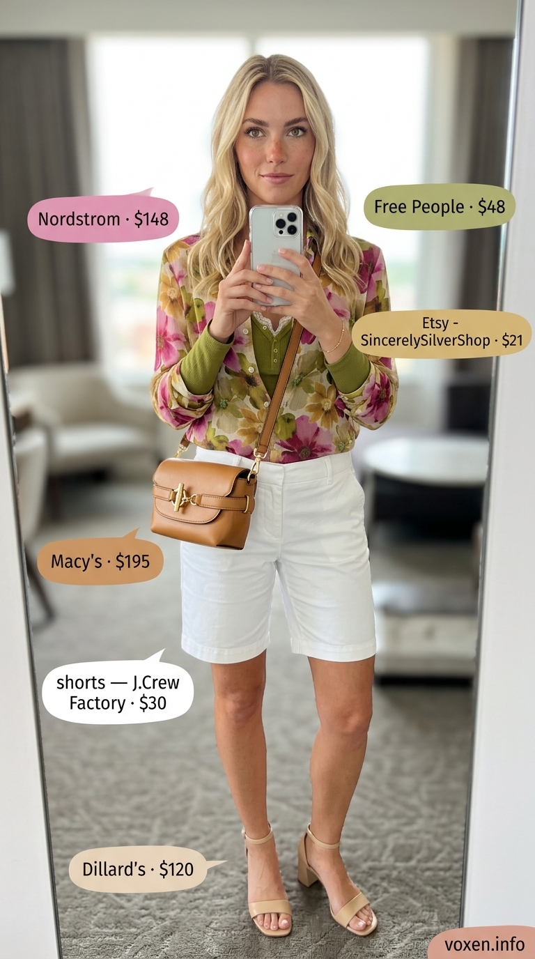 White Bermuda shorts and floral blouse for polished summer brunch.