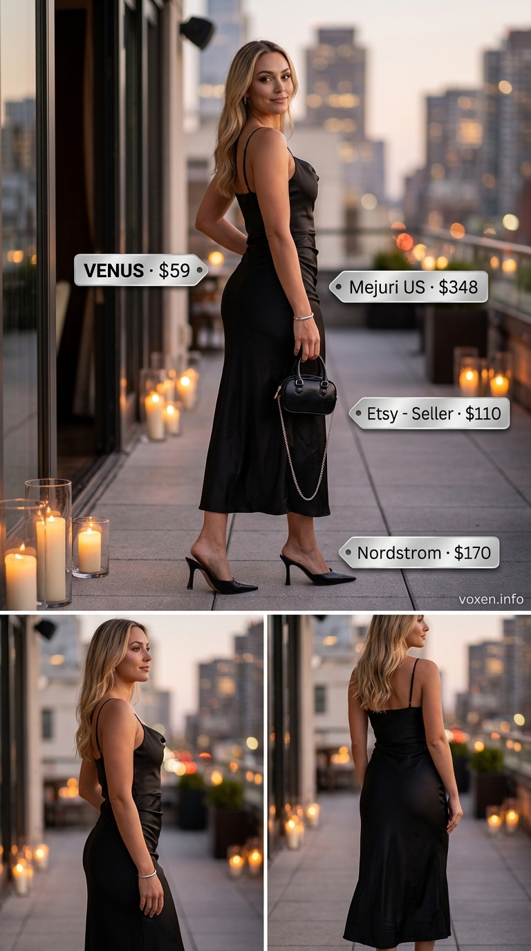 Black slip dress date night dinner outfits summer for women 2026 with silver jewelry.