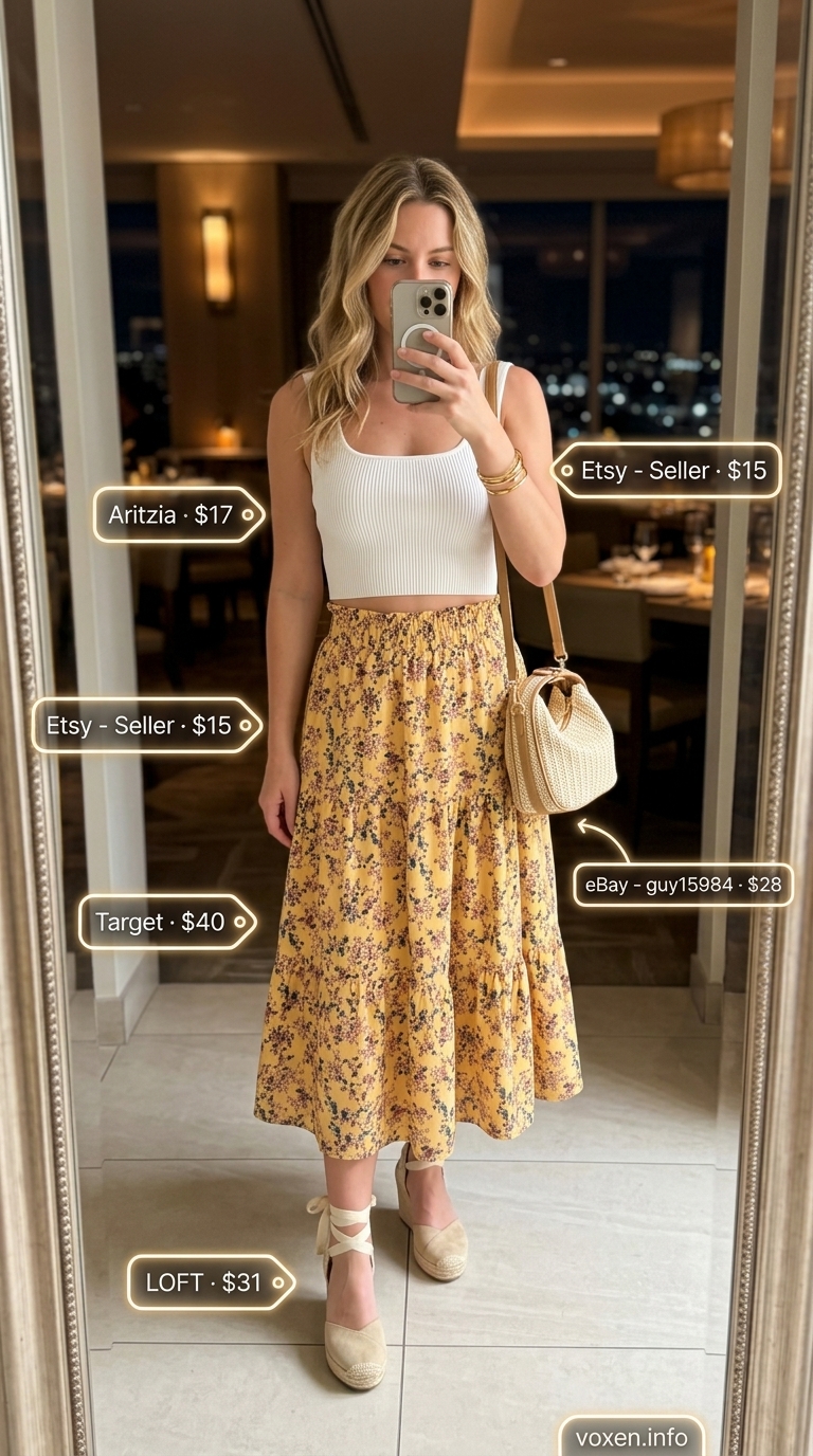 Boho floral midi skirt and crop top for casual summer dinners.