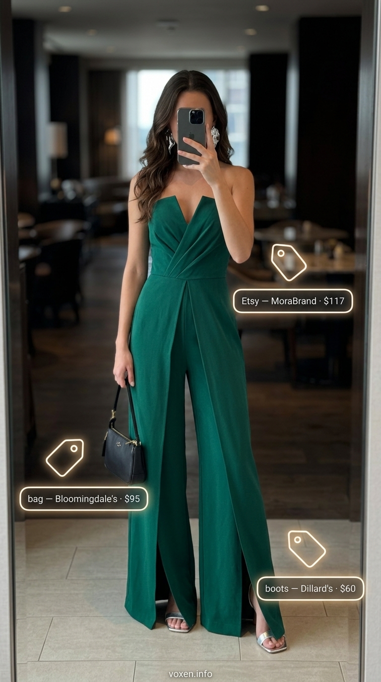 Emerald green jumpsuit date night dinner outfits summer for women 2026 with silver heels.