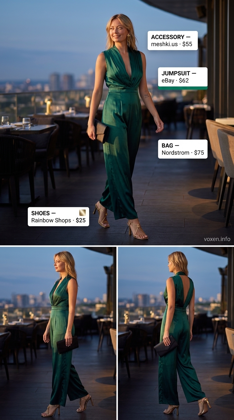Emerald green jumpsuit date night dinner outfits summer for women 2026 with gold heels.