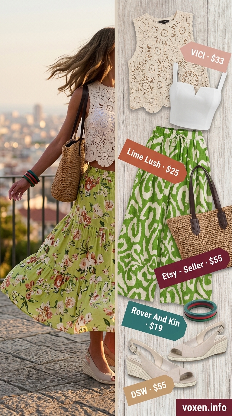 Burgundy floral maxi skirt date night dinner outfits summer for women 2026 with crochet top.