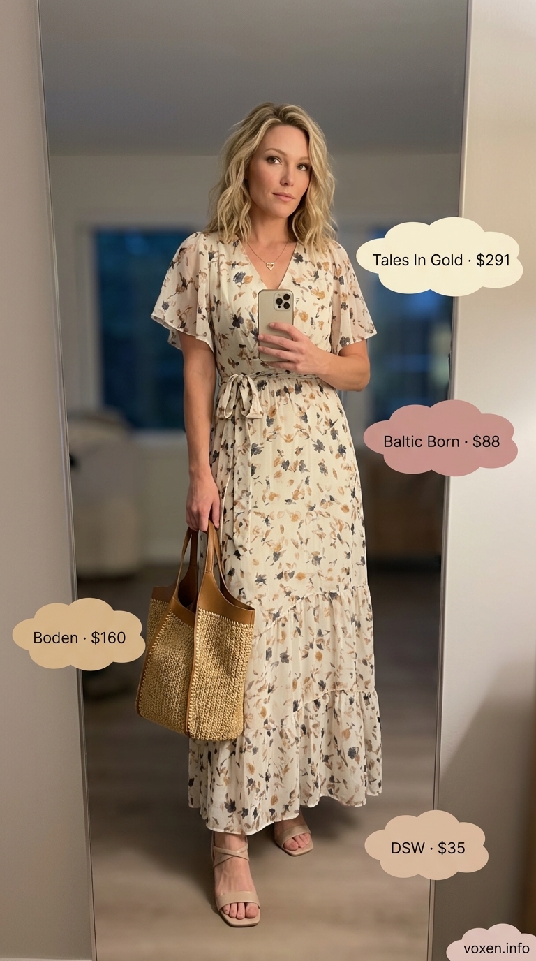 Pastel floral midi wrap dress for summer lunch dates and garden parties.