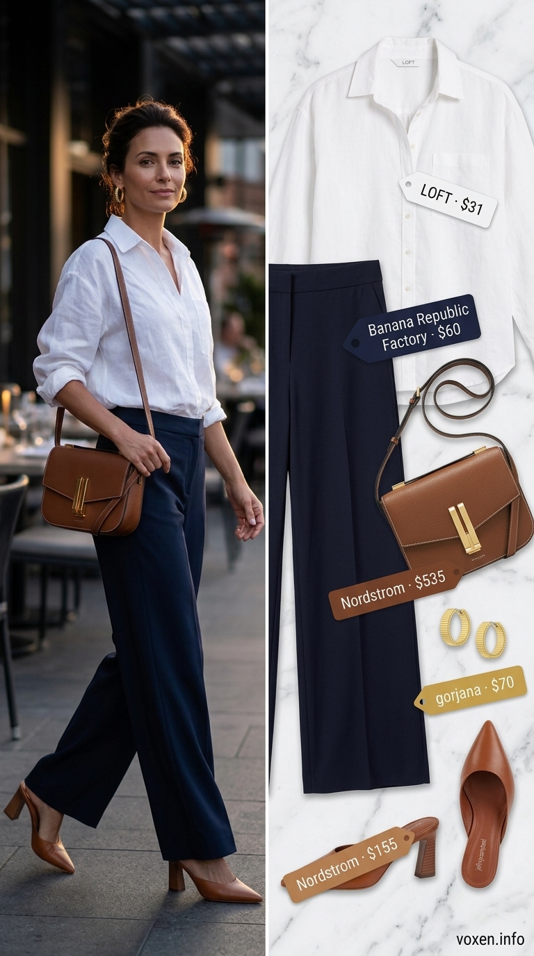 Chic navy linen trousers and white shirt for smart casual dinner dates.