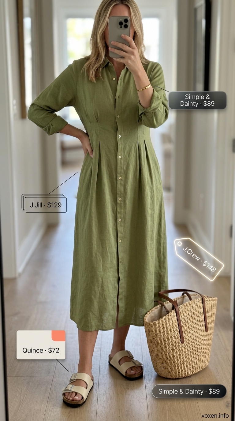 Olive green linen shirt dress for relaxed summer date nights.