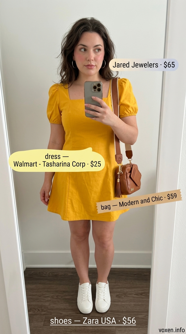 Bright yellow puff sleeve mini dress with white sneakers for casual dates.