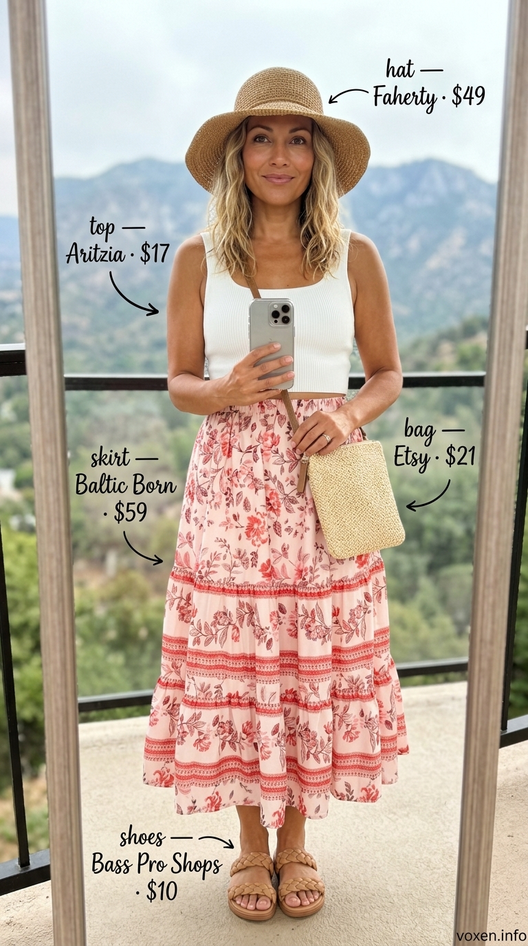 Pastel floral skirt & straw hat: not hiking outfits for women summer 2026. Best for festivals or casual outings.