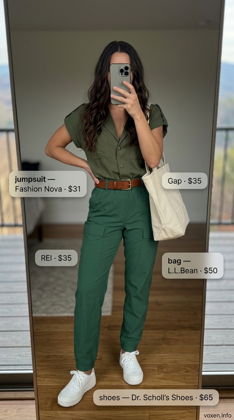 Forest green utility jumpsuit, not hiking outfits for women summer 2026.