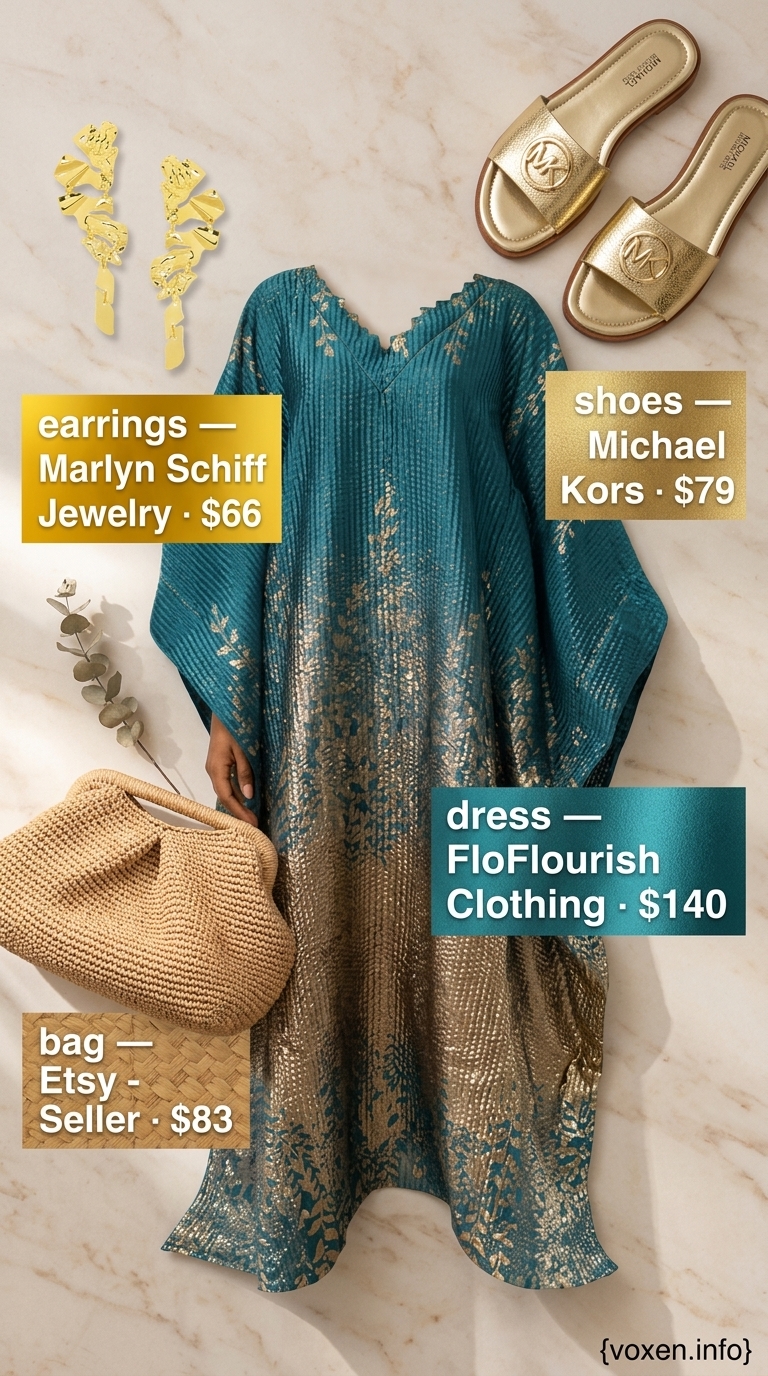 Elegant teal maxi caftan with gold print, perfect for resort wear and summer evenings. Shop summer sleeveless tops for women 2026.