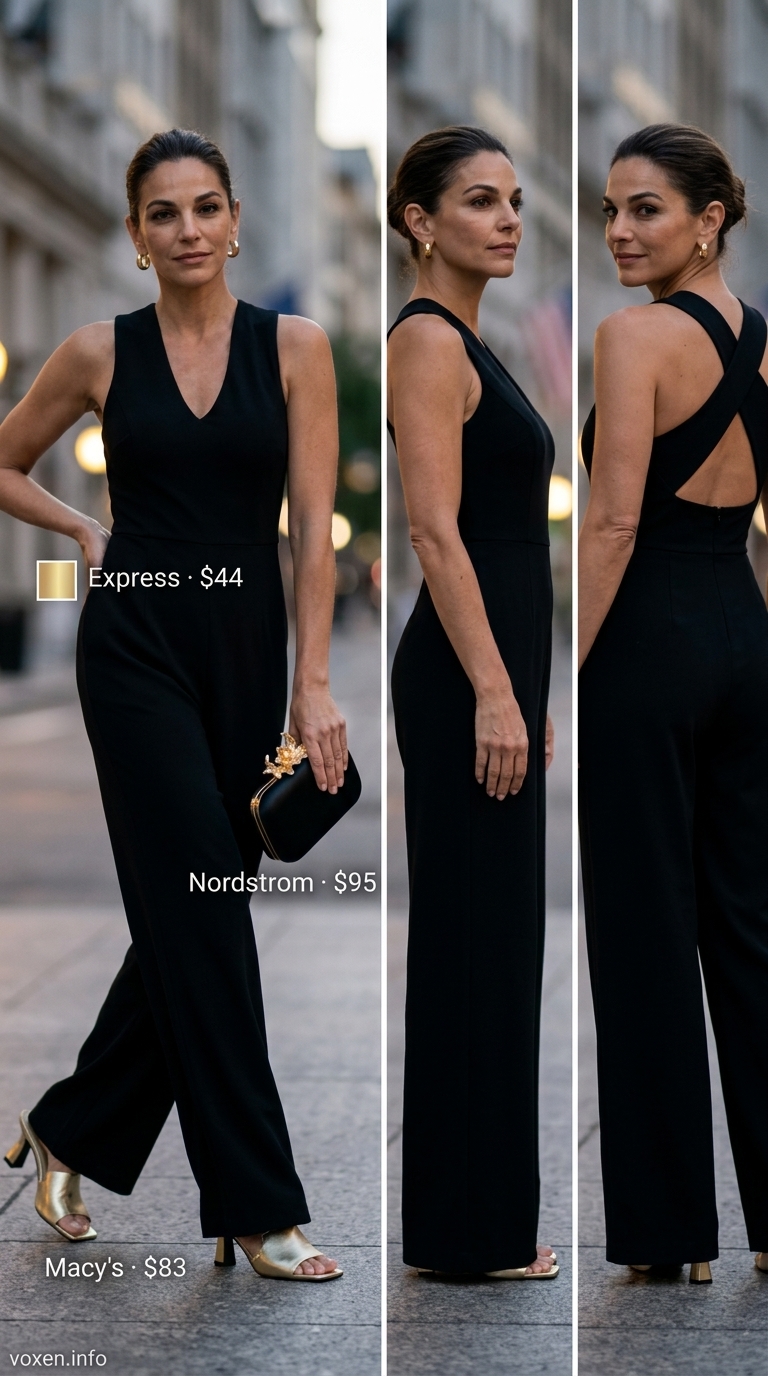 Elegant summer outfit for women over 50 2026: Black wide-leg jumpsuit, gold earrings, and metallic heels for a dinner party.