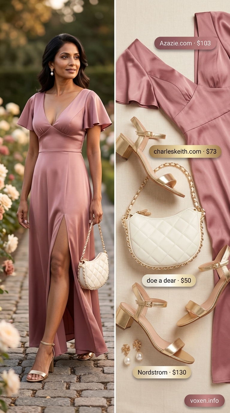 Elegant summer outfit for women over 50 2026: Dusty rose A-line dress, pearl earrings, and block heels for a garden party.