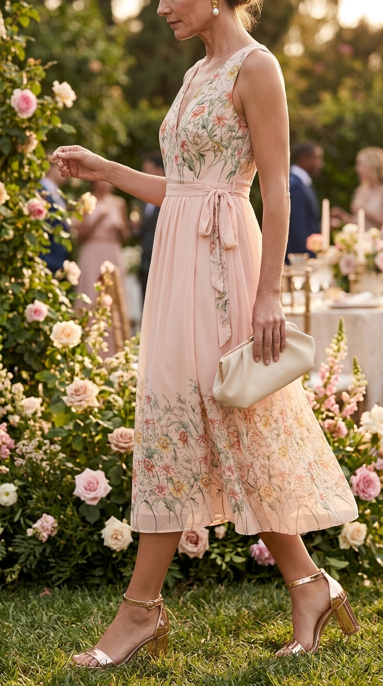 Elegant summer outfit for women over 50 2026: Blush pink floral dress, rose gold sandals for garden party.