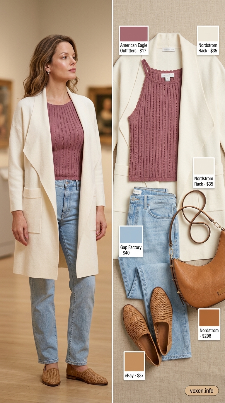 Elegant summer outfit for women over 50 2026: Light wash jeans, coral knit top, cream cardigan for museum visit.