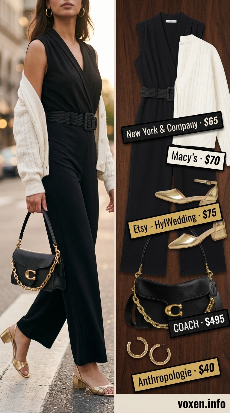 Elegant summer outfit for women over 50 2026: Black wide-leg jumpsuit, cream cardigan, gold accessories for evening events.