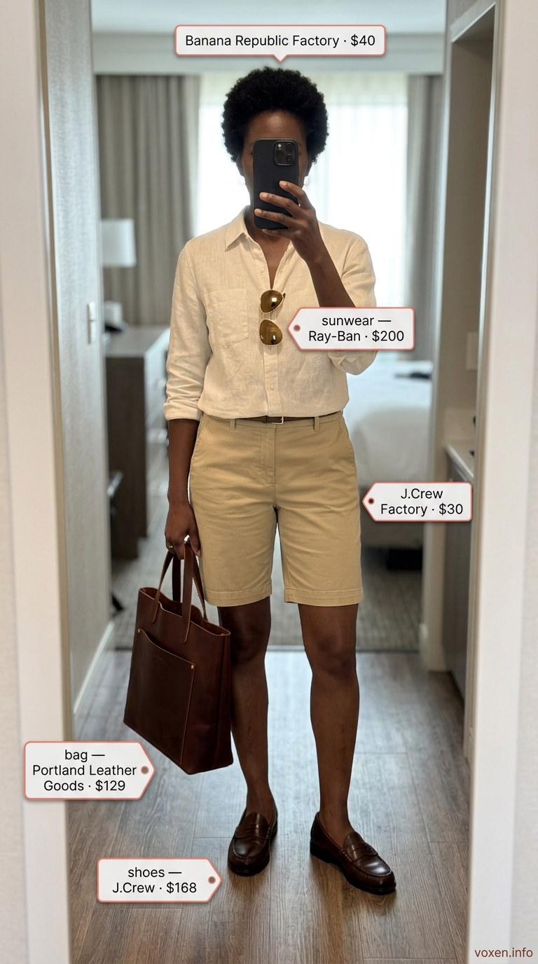 Elegant summer outfit for women over 50 2026: Khaki Bermuda shorts, cream camisole, and linen shirt for sightseeing.