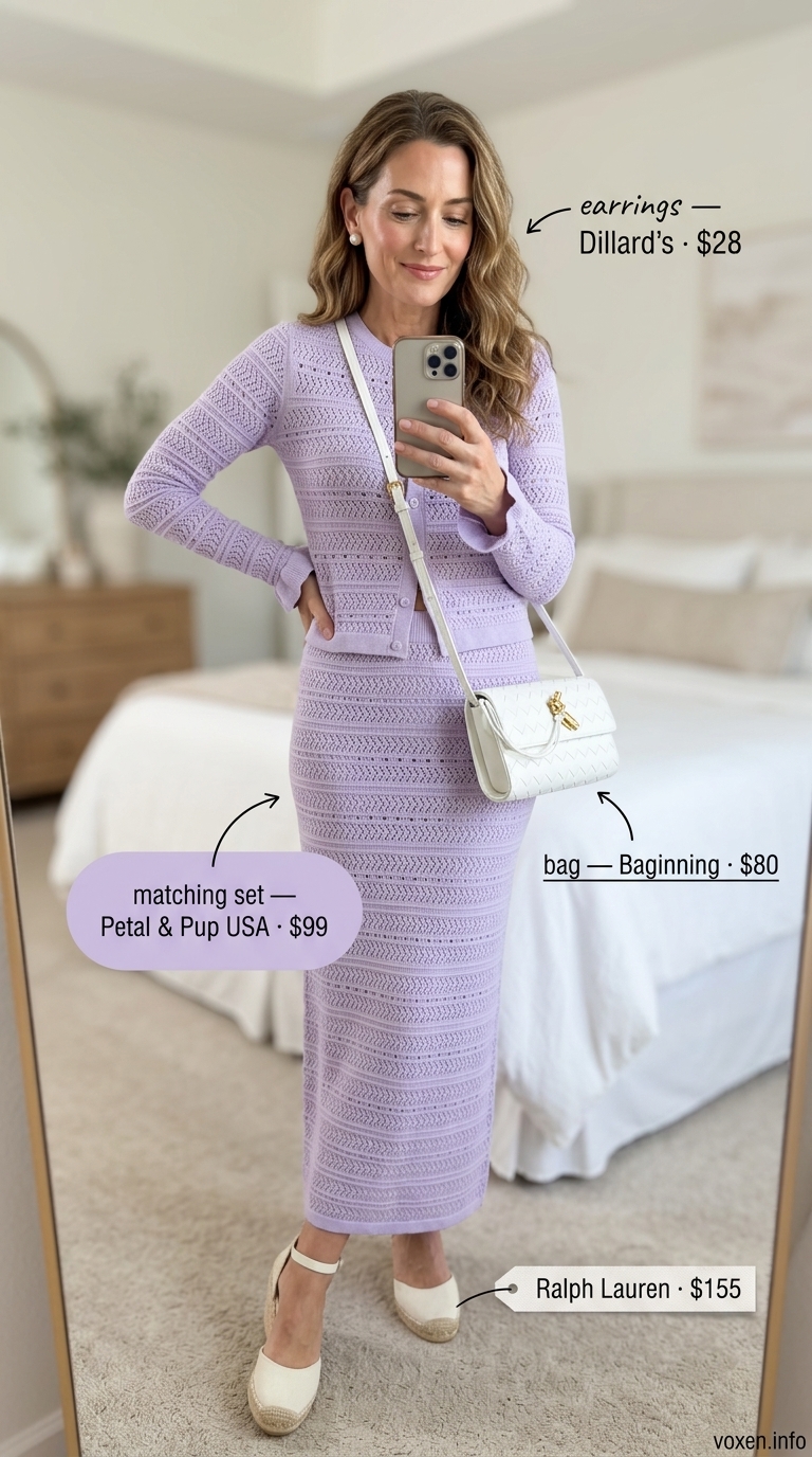 Elegant summer outfit for women over 50 2026: Lavender knit matching set with espadrilles for a lakeside lunch.