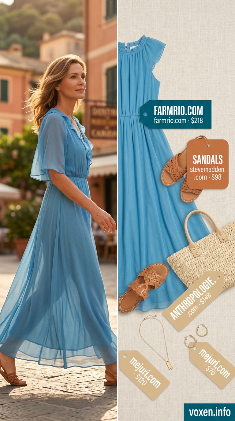 Elegant summer outfit for women over 50 2026: Sky blue linen pants, cream knit top, straw tote for resort vacation.