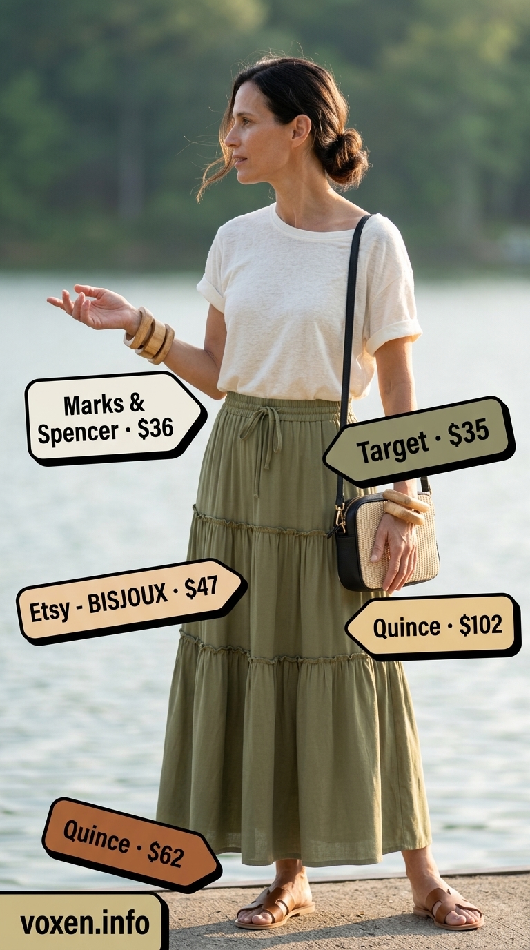 Elegant summer outfit for women over 50 2026: Olive green midi skirt, ivory t-shirt, cognac sandals for lakeside lunch.