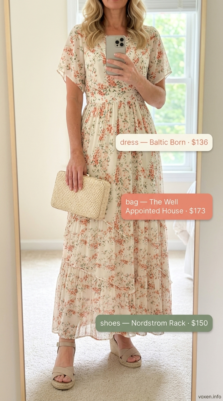 Elegant summer outfit for women over 50 2026: Peach floral maxi dress, straw clutch, and espadrilles for a garden party.