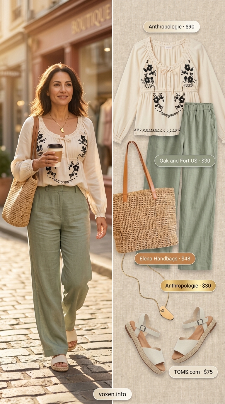 Elegant summer outfit for women over 50 2026: Sage green linen pants, cream blouse, and straw tote for brunch.