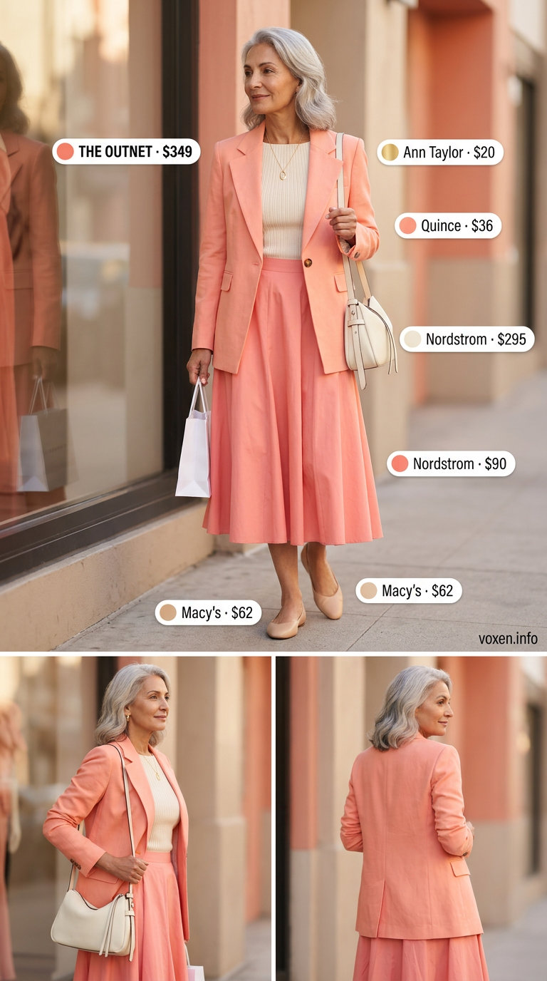 Elegant summer outfit for women over 60 2026: Coral linen blazer & skirt suit, cream shell top, beige bag.