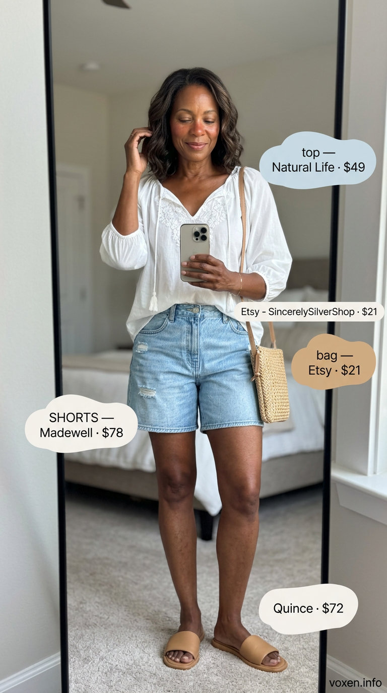 Elegant summer outfit for women over 60 2026: White embroidered blouse, denim shorts, straw bag, and sandals.