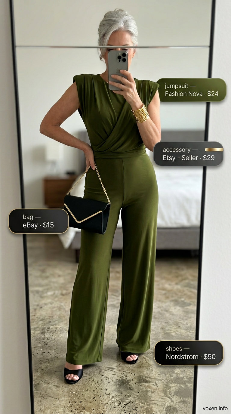Elegant summer outfit for women over 60 2026: Olive green wide-leg jumpsuit, black sandals, gold cuff.