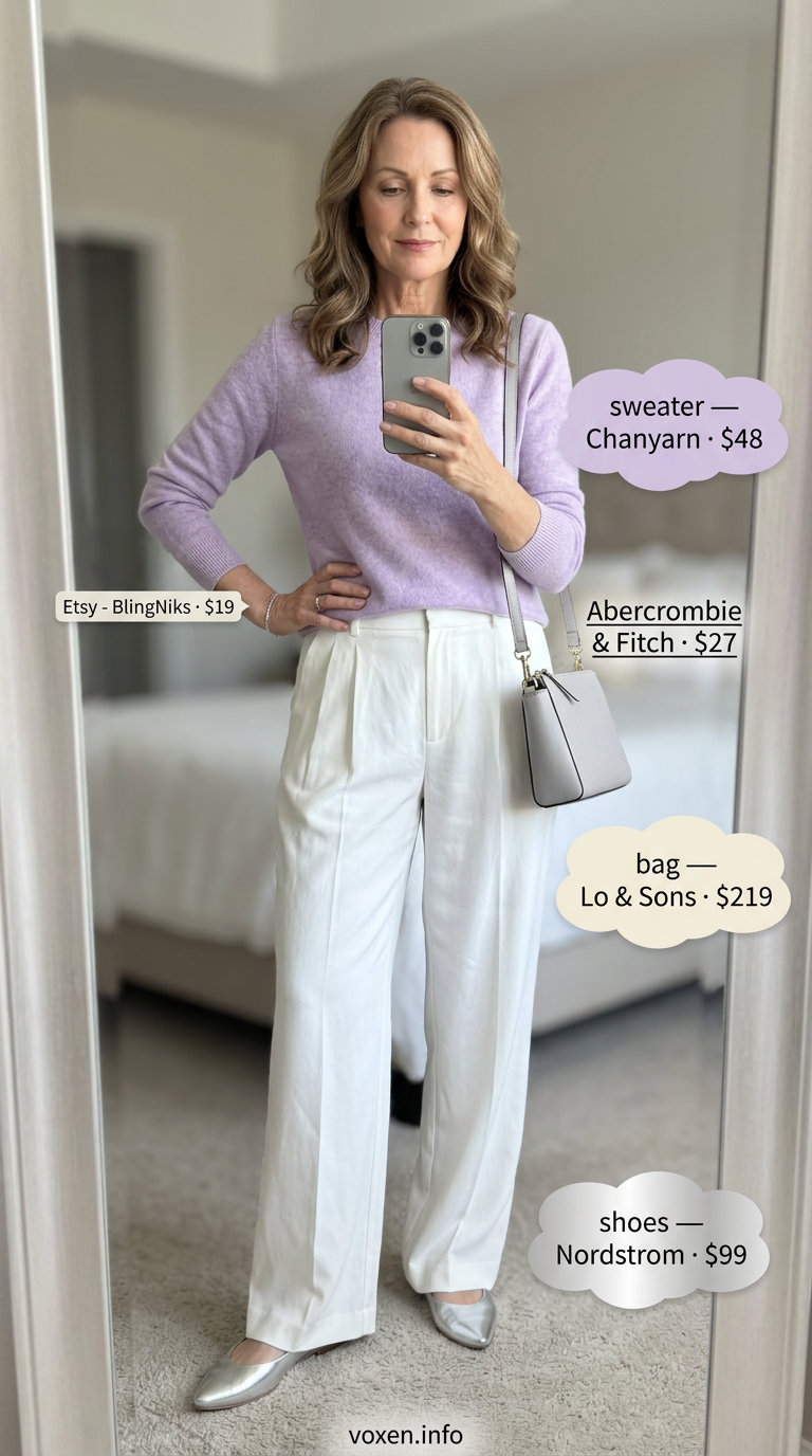 Elegant summer outfit for women over 60 2026: White trousers, lavender knit top, silver ballet flats.