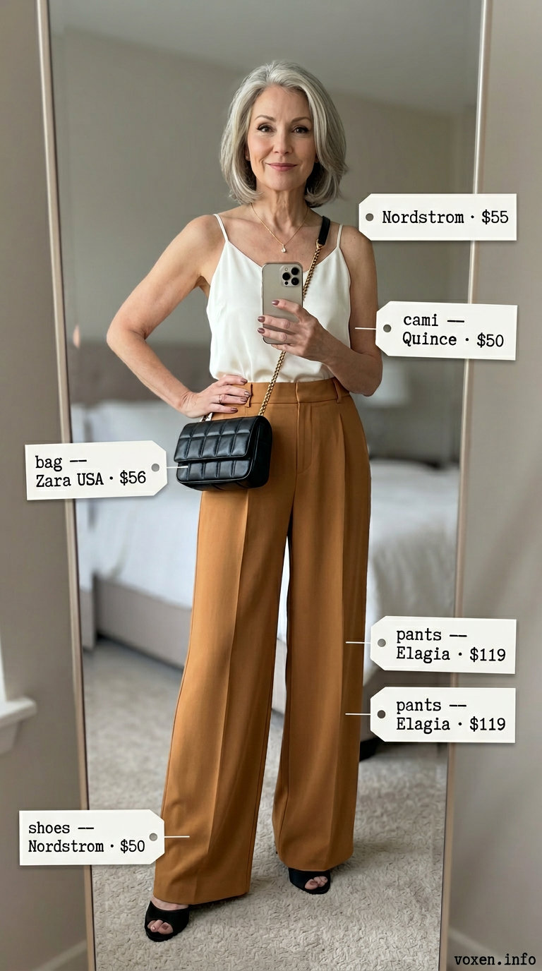 Elegant summer outfit for women over 60 2026: Camel wide-leg pants, ivory silk cami, and strappy heels.