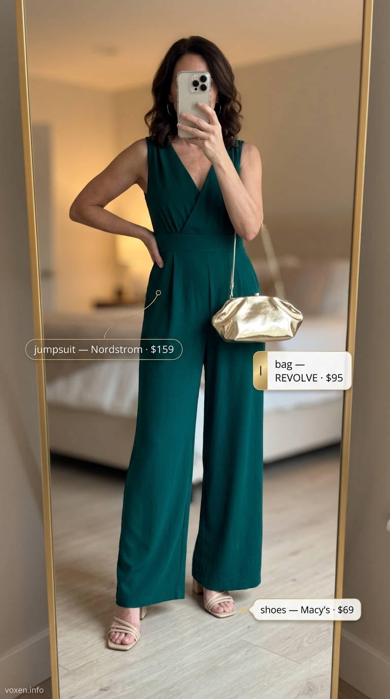 Elegant summer outfit for women over 50 2026: emerald green jumpsuit, nude heels for outdoor dinner.