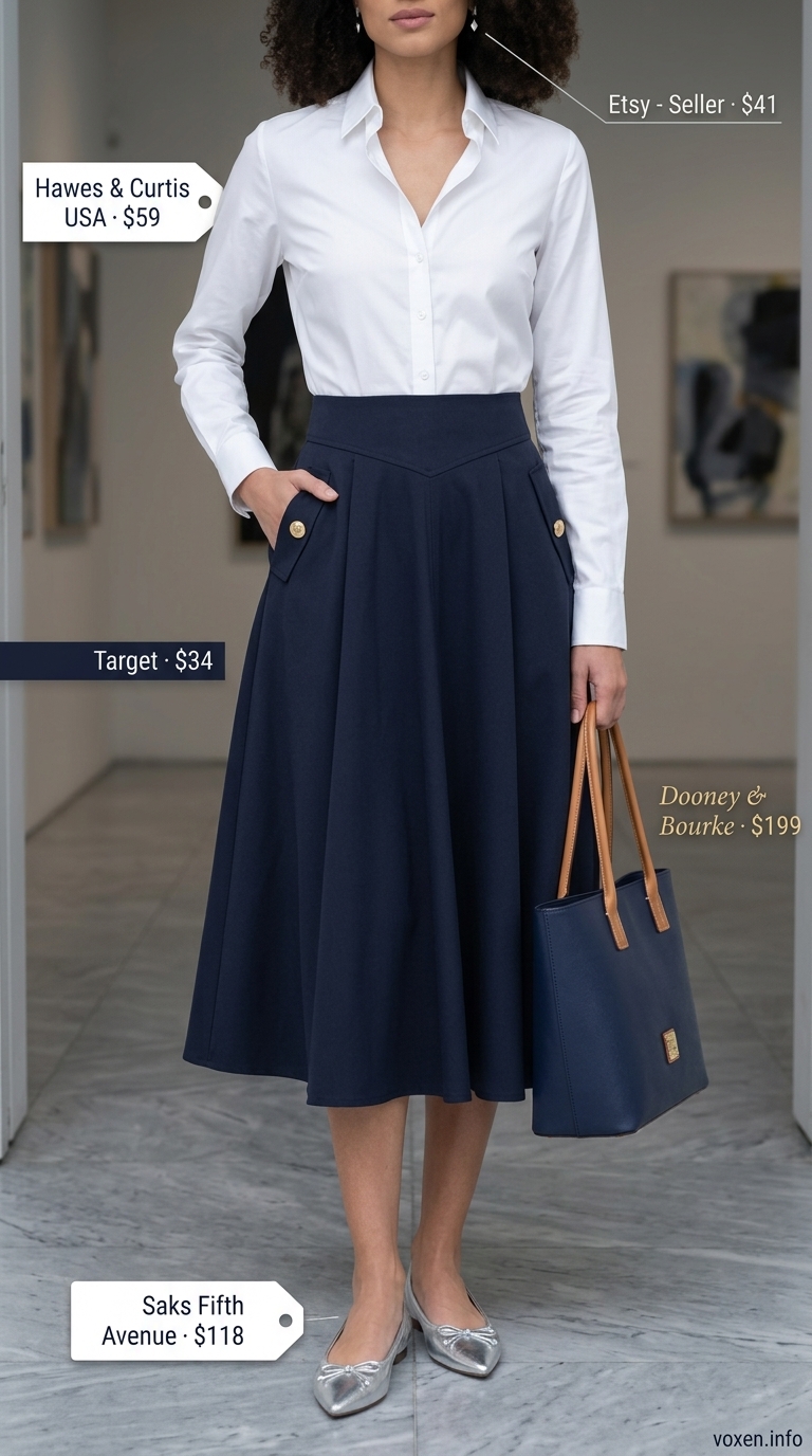Elegant summer outfit for women over 50 2026: navy skirt, white shirt, silver flats for art gallery.
