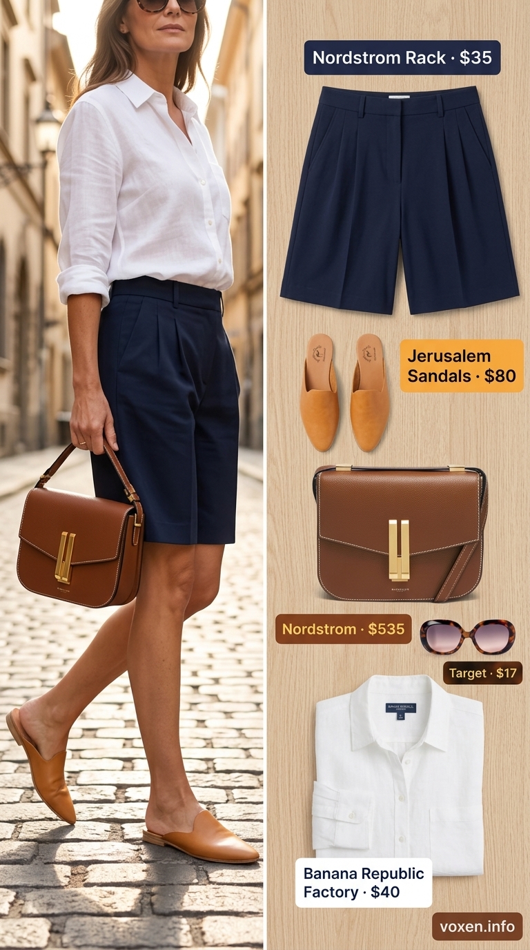 Elegant summer outfit for women over 50 2026: navy shorts, white shirt, tan mules for city brunch.