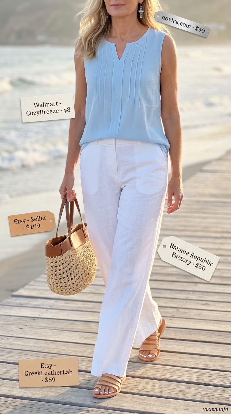 Elegant summer outfit for women over 50 2026: white linen pants, sky blue blouse, straw tote for resort lunch.