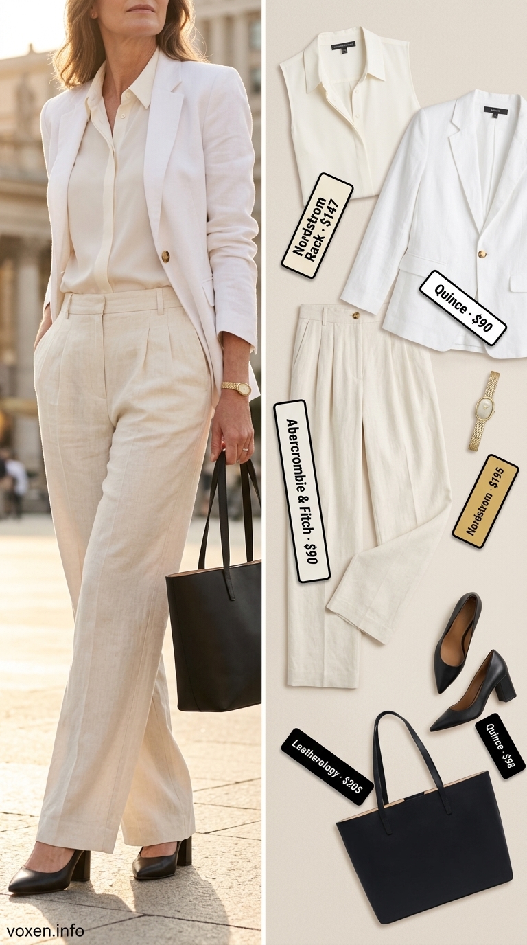 Elegant summer outfit for women over 50 2026: beige trousers, white blazer, black pumps for work.