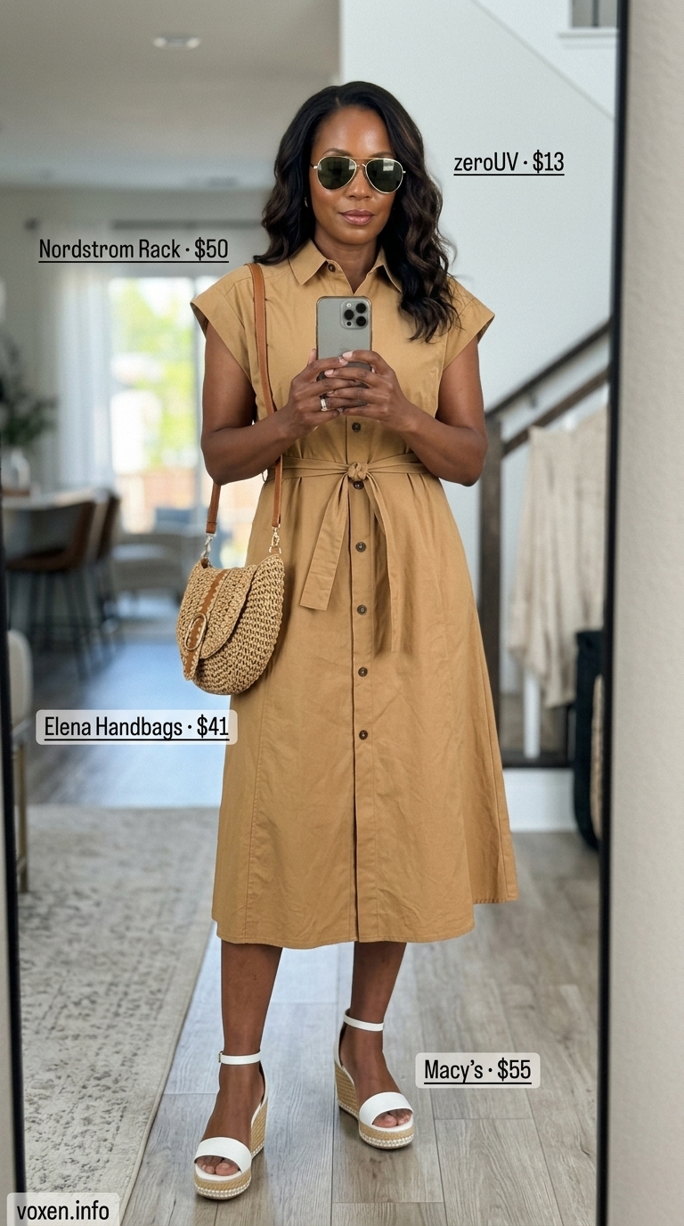 Elegant summer outfit for women over 50 2026: khaki shirtdress, espadrilles, straw bag for lunch.