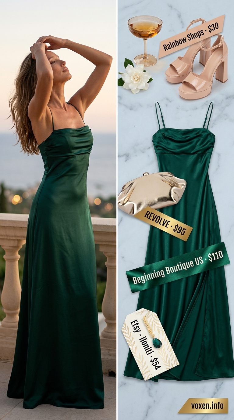 Elegant summer outfit for women over 50 2026: emerald green maxi dress, gold accessories for vacation.