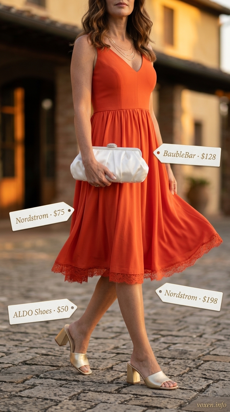 Elegant summer outfit for women over 50 2026: terracotta dress, gold accessories for dinner party.