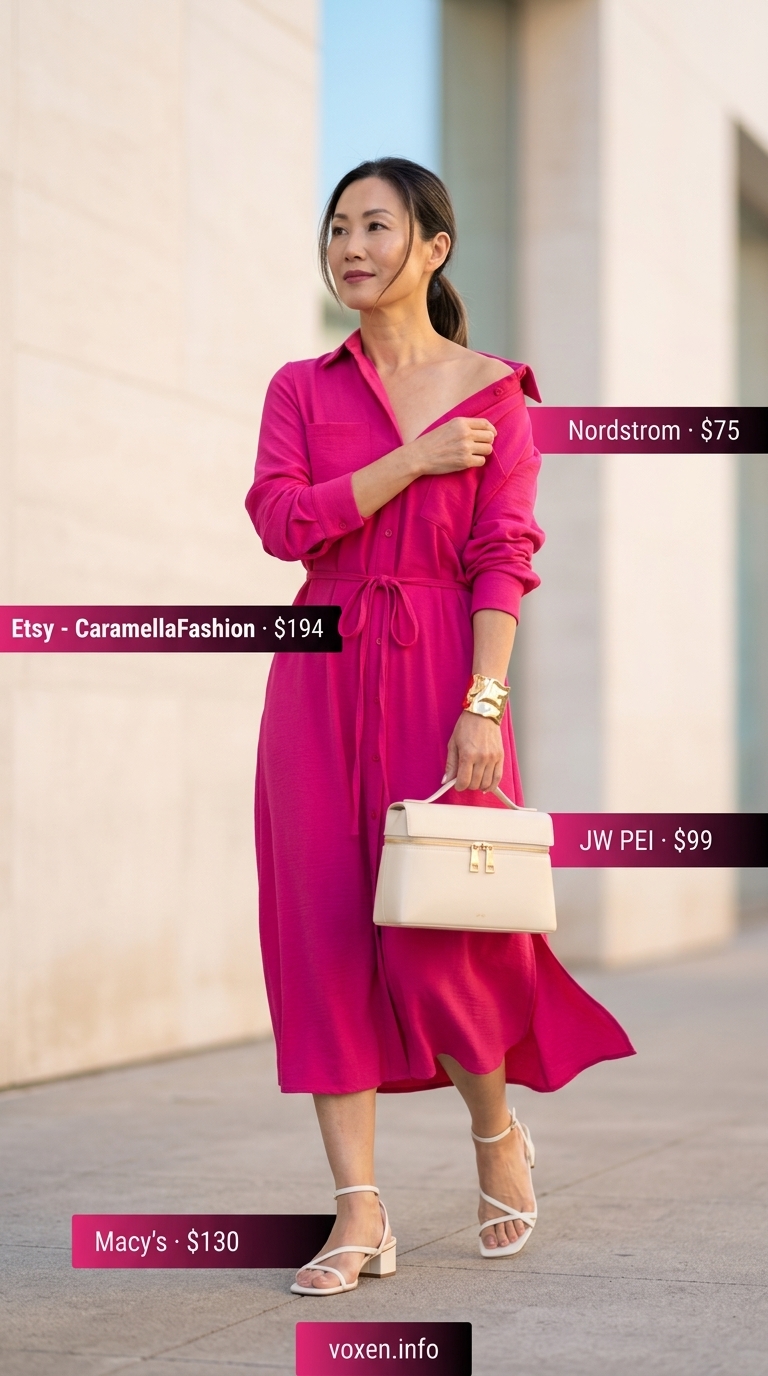 Elegant summer outfit for women over 50 2026: fuchsia dress, white sandals, gold cuff for gallery.