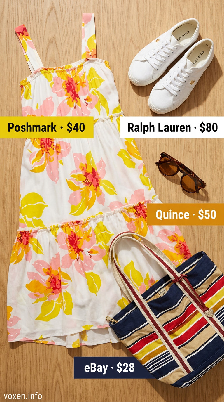 Elegant summer outfit for women over 60 2026: Floral print sundress, canvas tote, white sneakers, tortoise sunglasses.