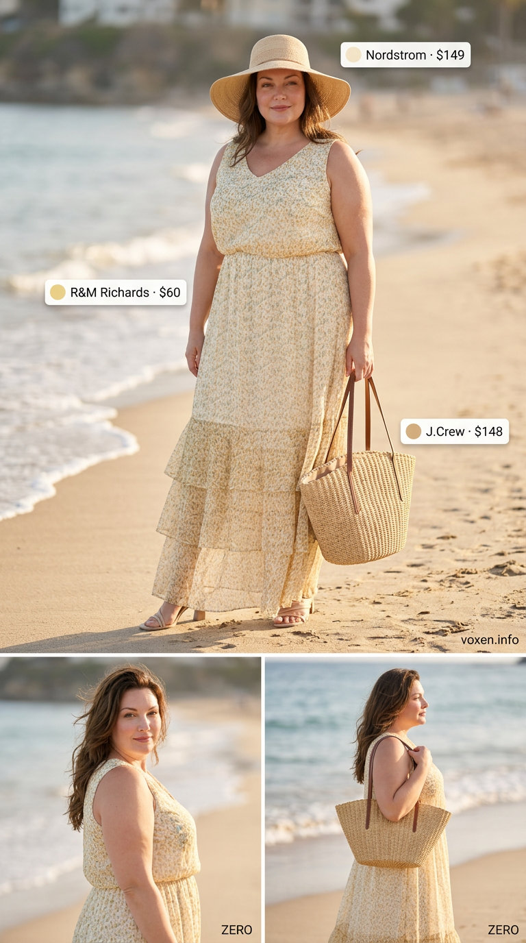 Elegant summer outfit for women over 60 2026: Floral maxi dress, straw hat, straw tote, leather slides.