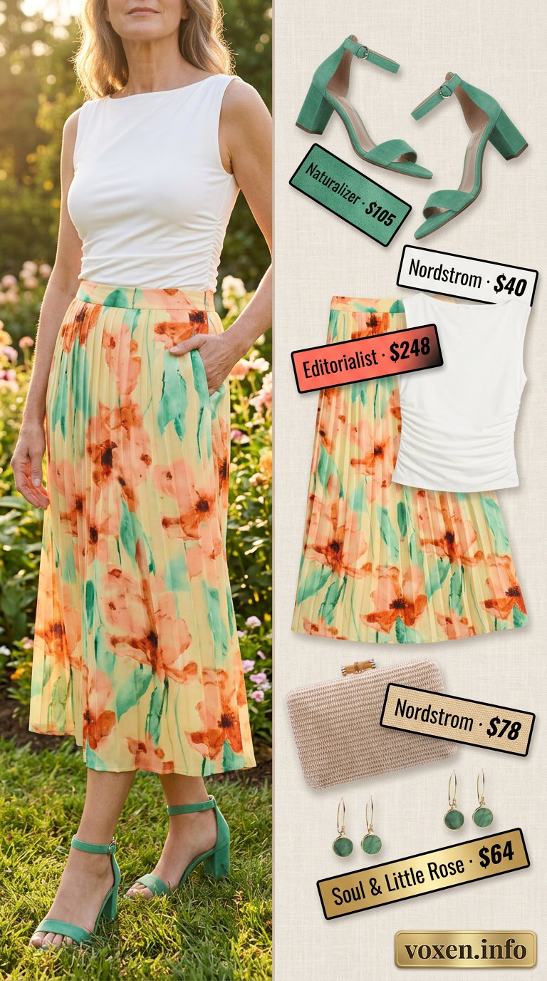 Elegant summer outfit for women over 60 2026: Coral floral skirt, white top, block heels for garden party.