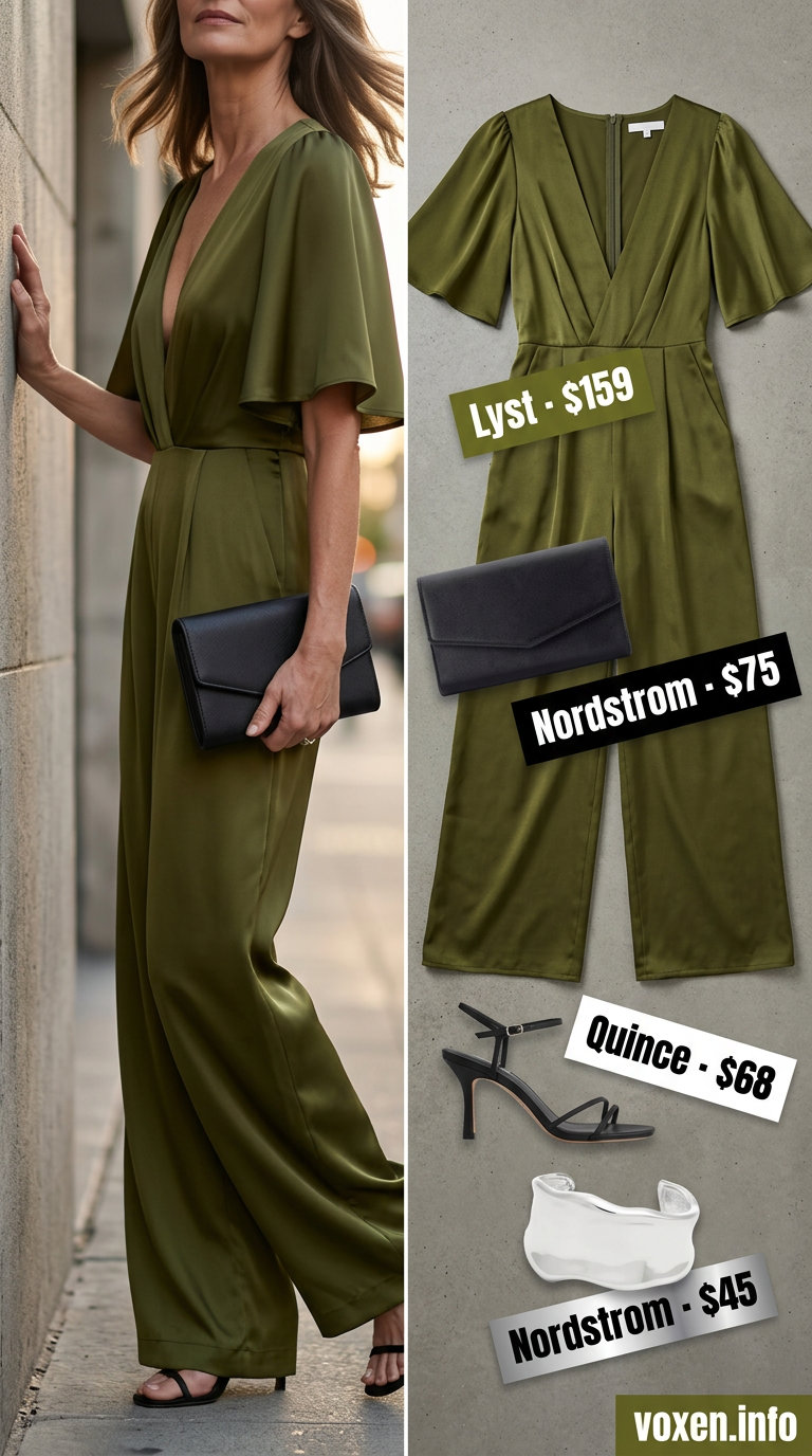 Elegant summer outfit for women over 60 2026: Olive green jumpsuit, black heels, and clutch for evening.