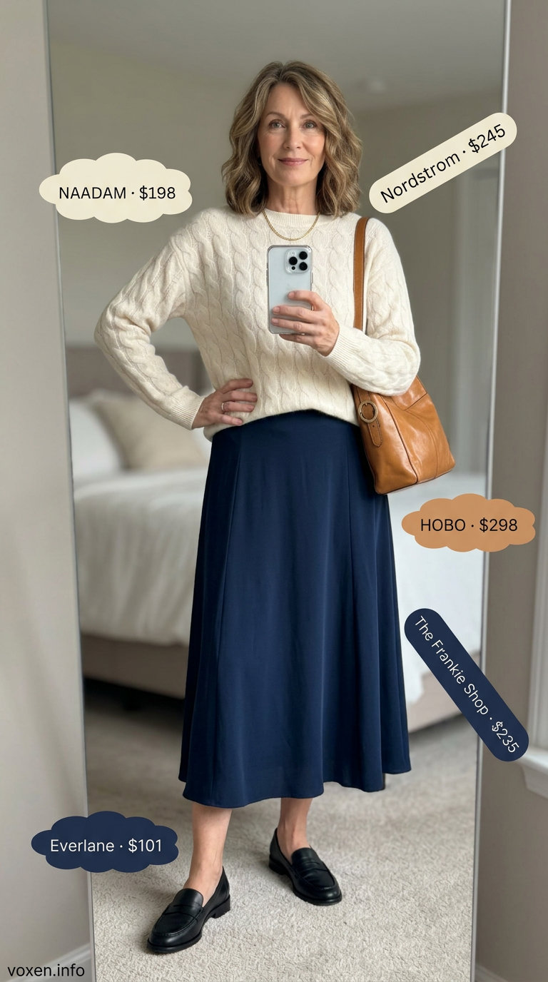 Elegant summer outfit for women over 60 2026: Cream knit sweater, navy midi skirt, leather loafers, gold necklace.