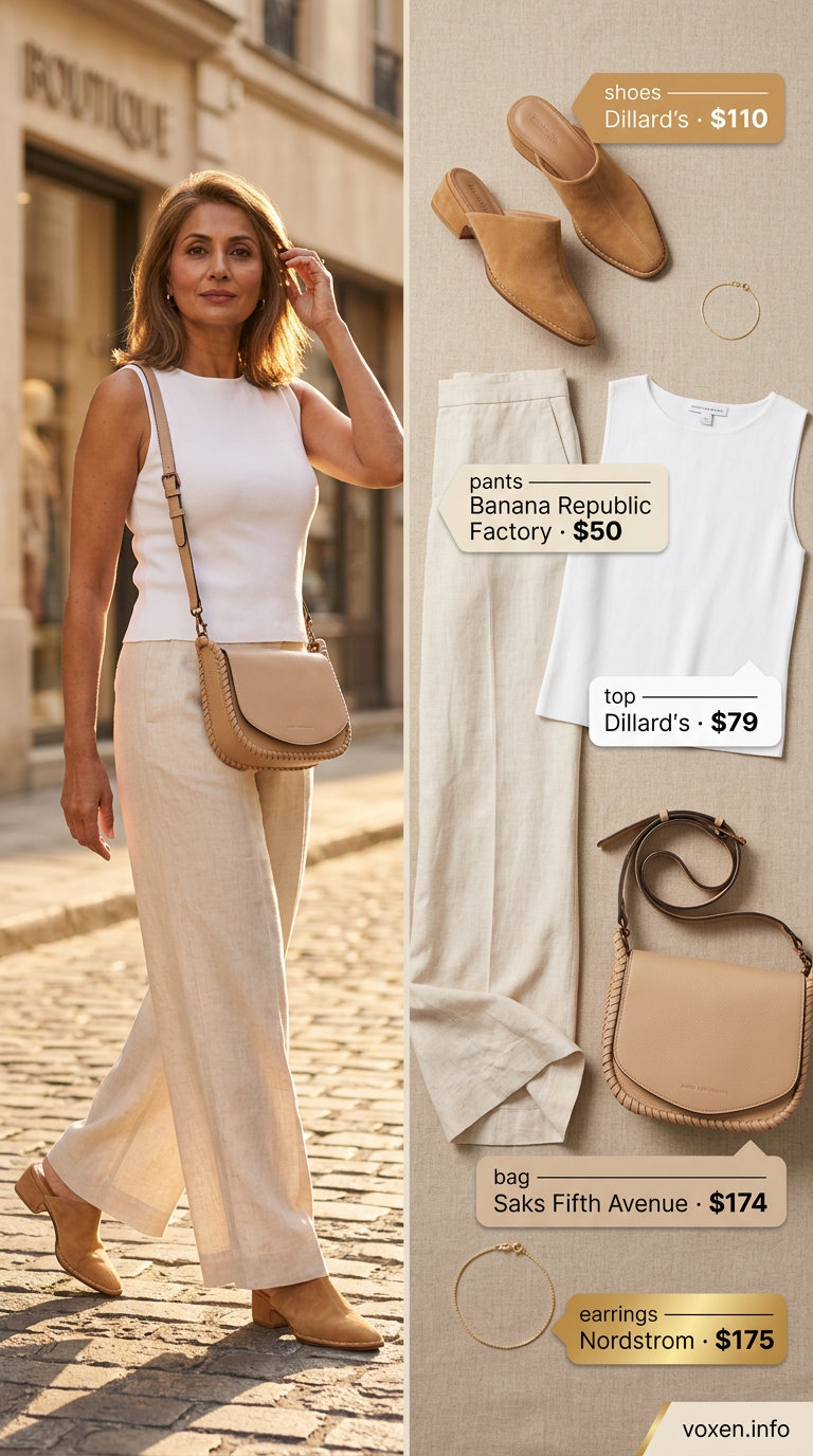 Elegant summer outfit for women over 60 2026: Cream linen pants, ivory knit top, suede mules, leather crossbody bag.